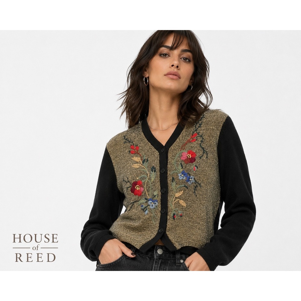 Susan Bristol Vintage Floral Embroidered Gold Metallic Cardigan Sweater Black‎ S